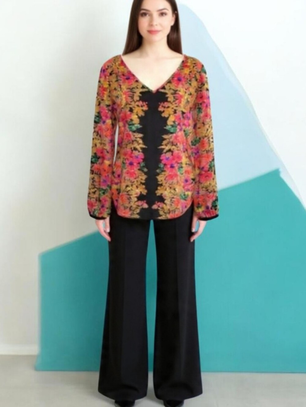 38💙Mexx Metropolitan black floral long sleeve dressy v-neck blouse